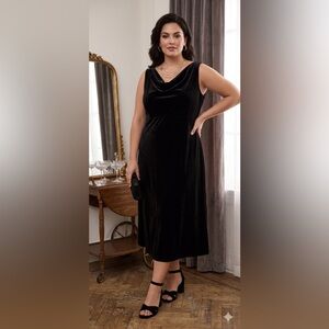 Jaclyn Smith Classic Empire Waist Draped Neck Black Velvet Midi Dress Size 22W